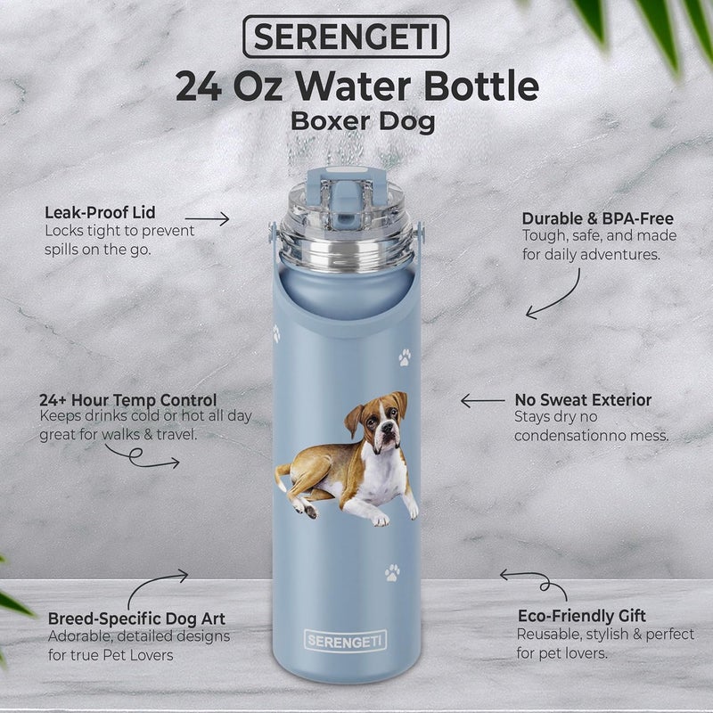 ES Pets SERENGETI 24 Oz Water Bottle Stainless Steel with Spill Proof Lid - Double walled Vacuum Insulated water flask - Realistic 3D Print of your favorite dog (Boxer) - Image 1
